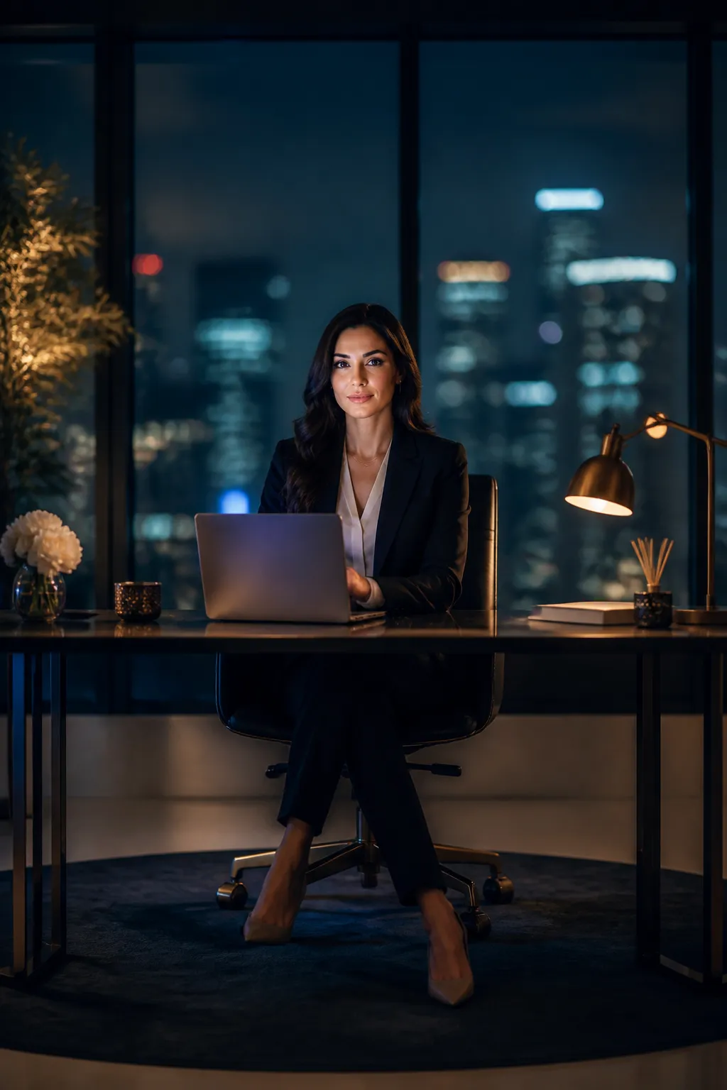 Confident entrepreneur working with AI tools at a modern desk